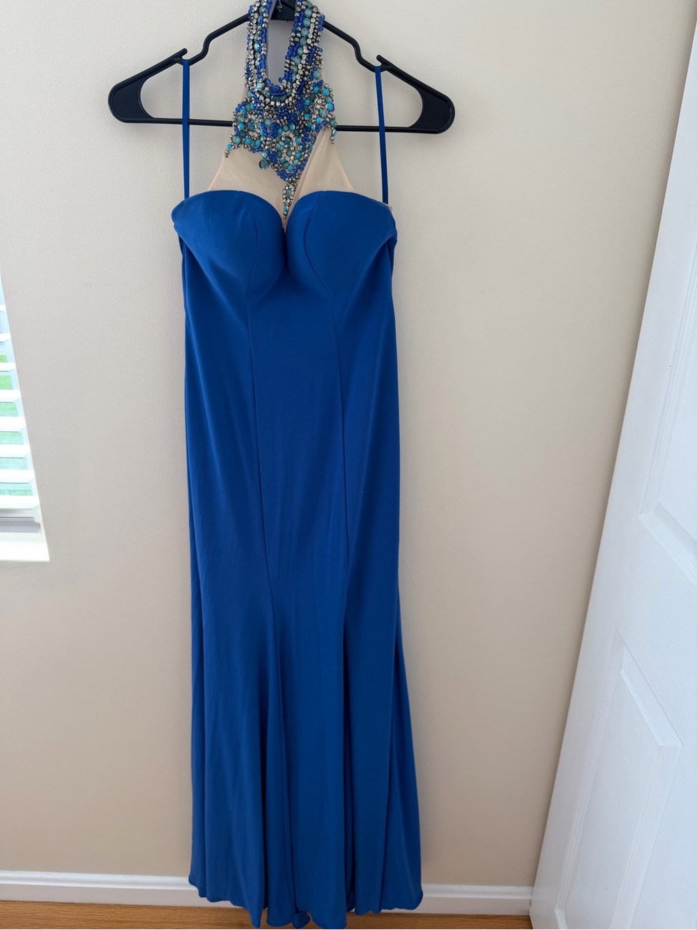 Royal Blue Beaded Halter Evening Gown
